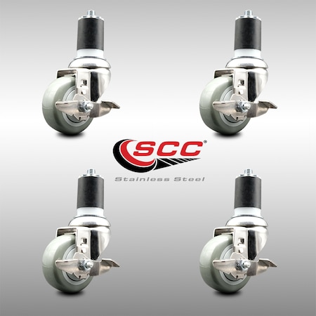 Service Caster 3 Inch 316SS Gray Poly Swivel 1-7/8 Inch Expanding Stem Caster Set Brake SCC SCC-SS316EX20S314-PPUB-TLB-178-4